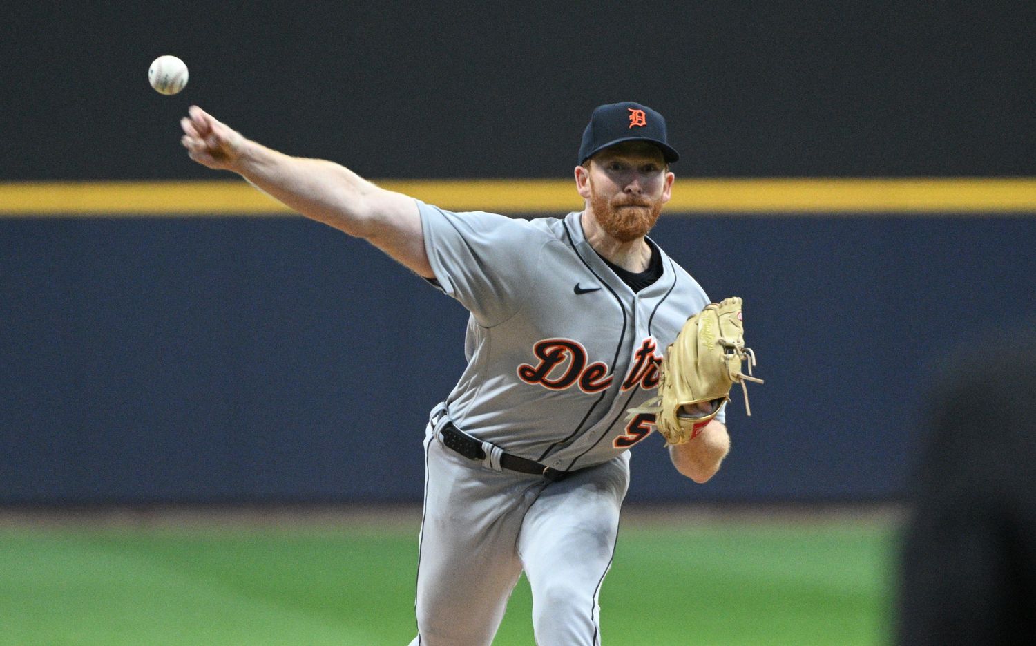 Apr 25, 2023; Milwaukee, Wisconsin, USA; Detroit Tigers starting pitcher Spencer Turnbull (56) delivers a pitch against the Milwaukee Brewers in the first inning at American Family Field. Mandatory Credit: Michael McLoone-USA TODAY Sports  